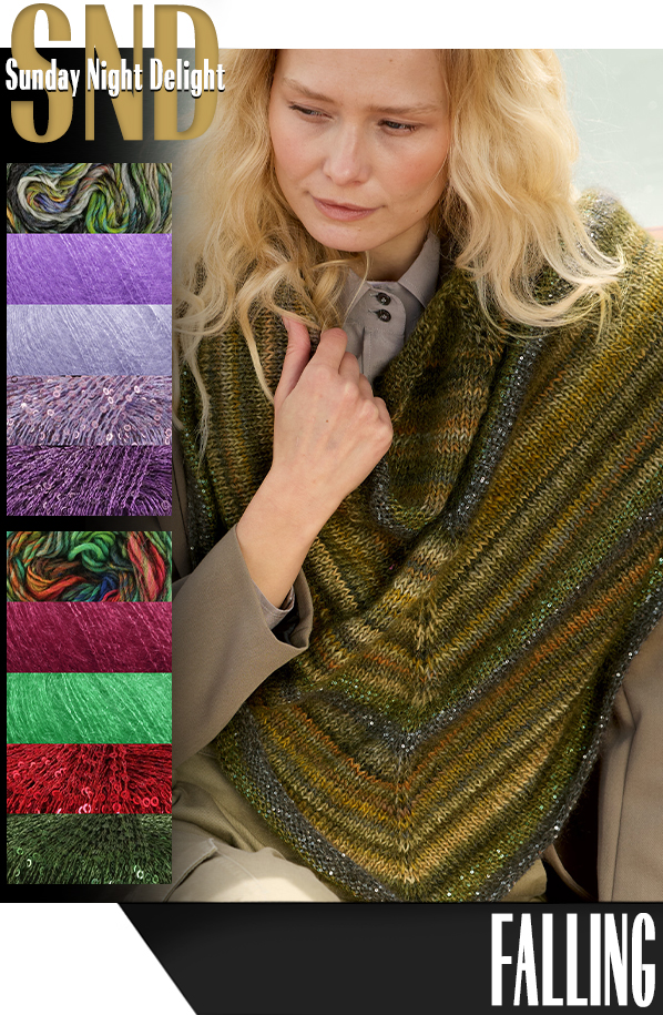 L’Atelier Sunday Night Delight Falling striped wrap featuring Colorissimo wool, Sesia Vivienne silk mohair, and sparkling Glamour sequins.